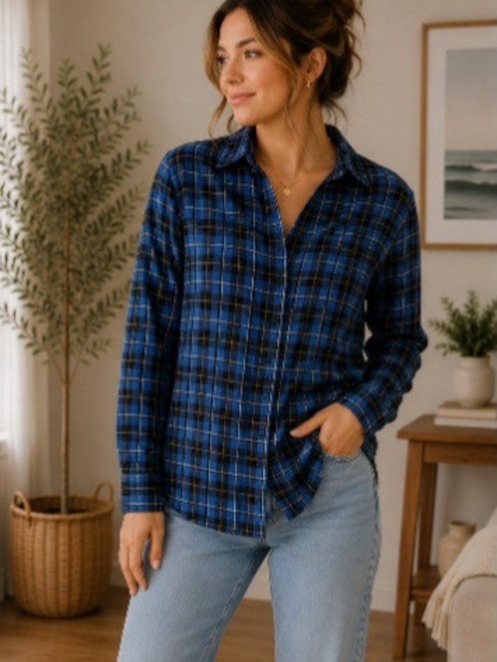 Blue Plaid Button-Up Shirt